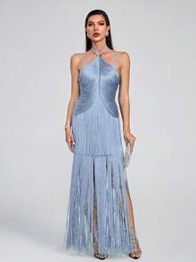 Girsdy Blue Summer Fashion Halter Solid Color Minimalist Handmade Tassel Bandage Sleeveless Dress, Elegant & Graceful For Party, Cocktail, Evening Gown