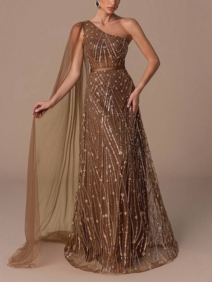 Luxuriöses asymmetrisches Ballkleid mit fließendem Chiffon-Cape und schmalem Taillengürtel, raffiniertes A-Linien-Paillettenkleid mit tiefem Rückenausschnitt und Kreuzriemen-Design sowie ausgestelltem Rock für formelle Abendessen, Hochzeitspartys, Gala-Events, Wohltätigkeitsbälle, elegante Kleider für Frauen