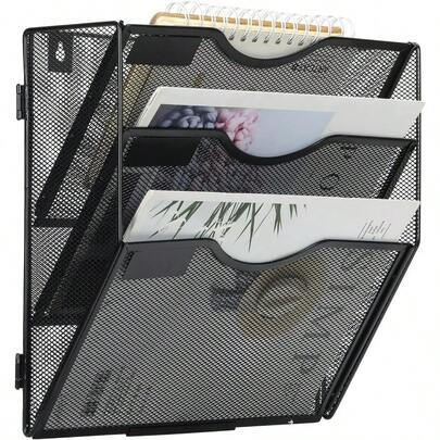 Wall File Holder Organizer 3 Pocket Mesh Hanging Wall Mounted Document Paper Folder Filing Magazine Rack With Nametag Label For Office Home School, Black