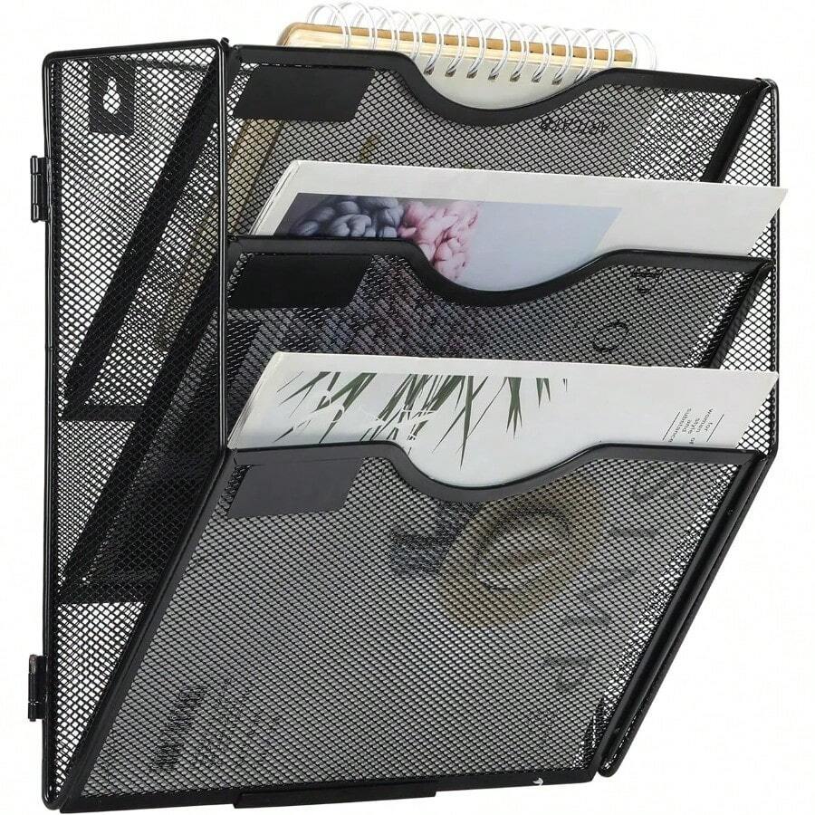 Wall File Holder Organizer 3 Pocket Mesh Hanging Wall Mounted Document Paper Folder Filing Magazine Rack With Nametag Label For Office Home School, Black