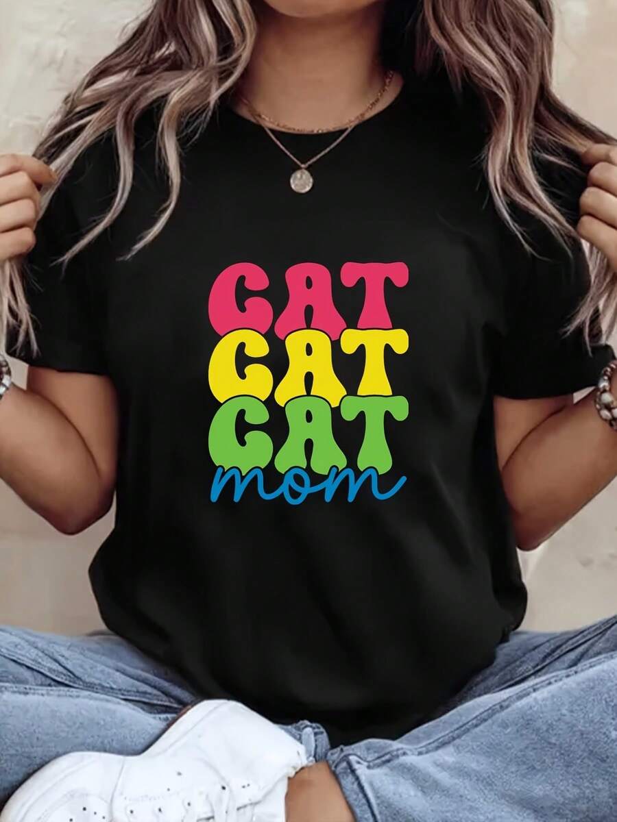 Thanksgiving Gift For Mom, Vibrant Patterned Print T-Shirt, Stylish Plus-Size Short-Sleeve Shirt, Round-Neck Casual T-Shirt, 220g.