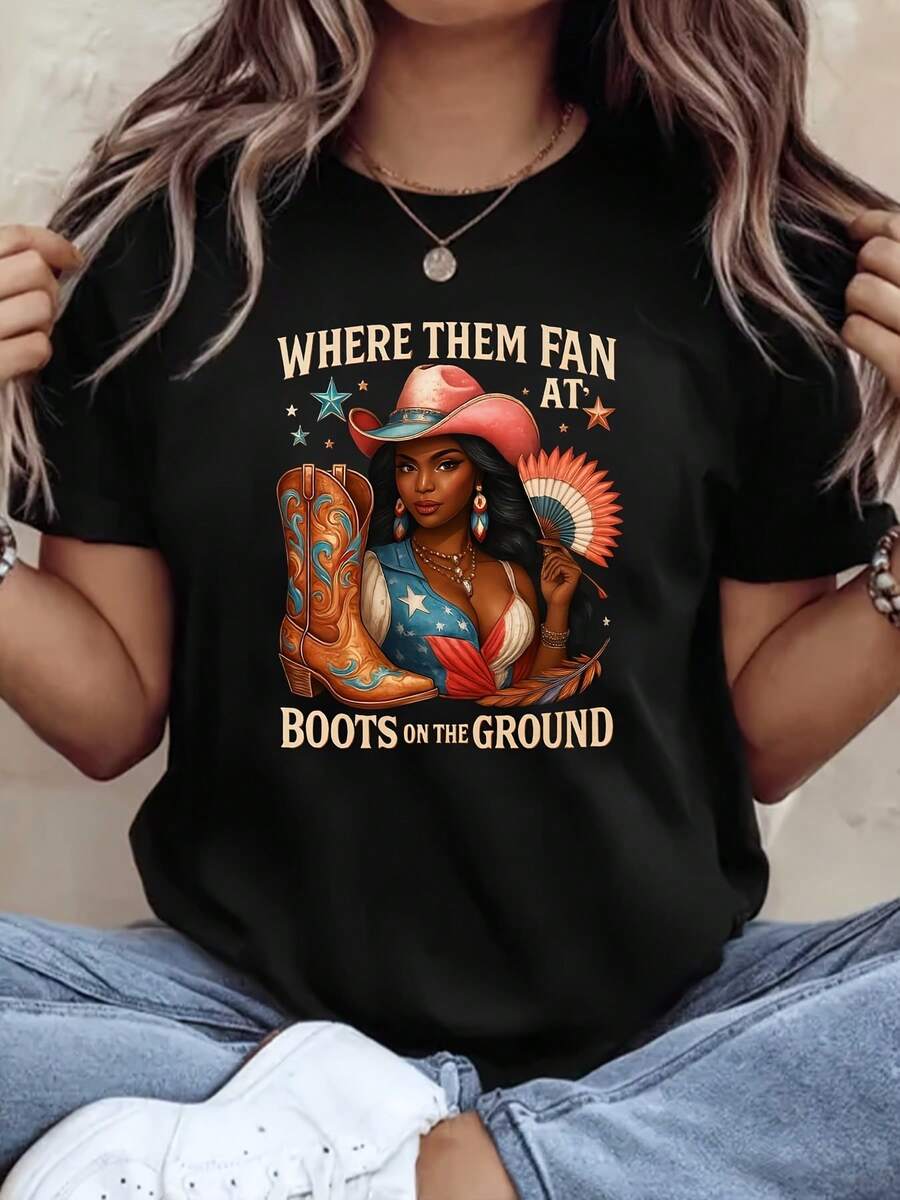 Cowboy Boots Printed T-Shirt, Oversized Cotton Casual Short-Sleeve T-Shirt, Breathable And Comfortable For Everyday Wear, 220g