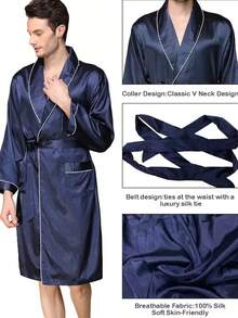 1pc Men's Premium Icy Silk Satin Hotel Spa Robe, Soft Lightweight Sleepwear, Outdoor Pool Warm Bath Robe With Pockets, Kimono Style - Multicolor - View 6