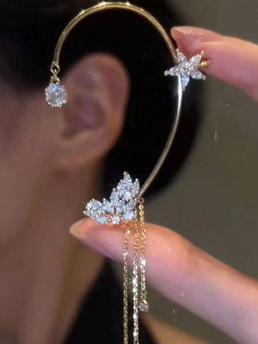 1 件水钻星星和叶子流苏耳夹，优雅的女士节日礼物和日常佩戴珠宝 - 彩色 - 查看 1