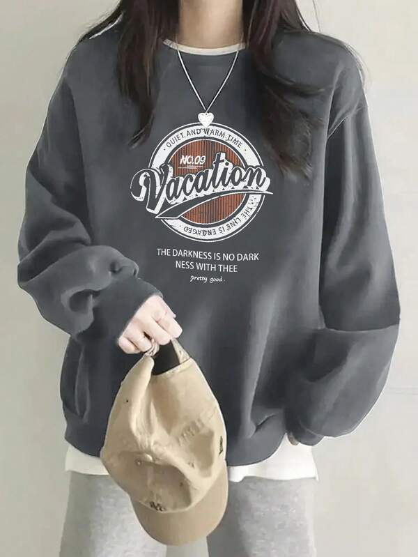 Women's Y2K Cotton Casual Black & Grey Contrast Raglan Sleeve Letter Print Loose Comfortable Everyday Commute Homewear Crew Neck Sweatshirt