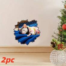 قطعتان من ملصقات الحائط لزينة عيد الميلاد، فأر لطيف يرتدي بيجاما ملصقات حائط ثلاثية الأبعاد، ملصقات حيوانات لاصقة قابلة للإزالة لغرفة المعيشة والنوم والمتجر والعطلات وديكور المنزل