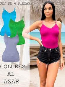 Kit de 4 camisetas de tirantes finos para mujer, multicolor, clásicas y casuales, tela de nailon y elastano, aptas para temporadas de primavera y verano. Textura acanalada. Diseño ajustado, muy cómodo y ligero. Cuello en "V" y espalda descubierta. Pequeño y delicado encaje sobre el busto. Te llegarán 4 camisetas de tirantes en colores al azar. - Multicolor - Ver 6