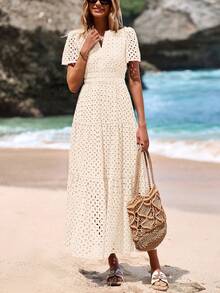 Women's Spring And Summer Maxi Dress Short Sleeve V Neck Hollow Out Eyelet A Line Long Flowy Wedding Guest Beach Vacation Dresses For Women - 米杏色 - 查看 3