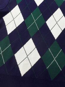 Boys' Colorblock Plaid Jacquard Knit Crew Neck Sweater, Long Sleeve Pullover For Autumn & Winter - Green - View 4