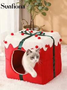 Casa acogedora para mascotas con cojines extraíbles y lavables - Cama para gatos y perros cálida y semi-cerrada para todas las estaciones, de tela suave y duradera, sin necesidad de montaje, diseño clásico de invierno con ribete rojo y blanco, madriguera acogedora para descanso y sueño en interiores, ideal para decoración navideña