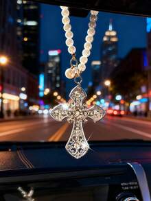 1 Stück Auto Innenraum Anhänger aus Legierung mit Diamant-Kreuz, Auto Rückspiegel Dekoration