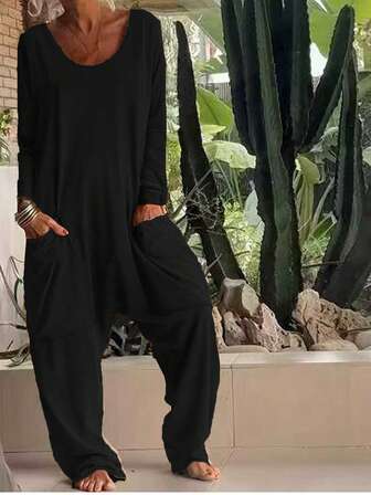 Women's Casual Solid Color Long Sleeve Jumpsuit, Comfortable & Versatile