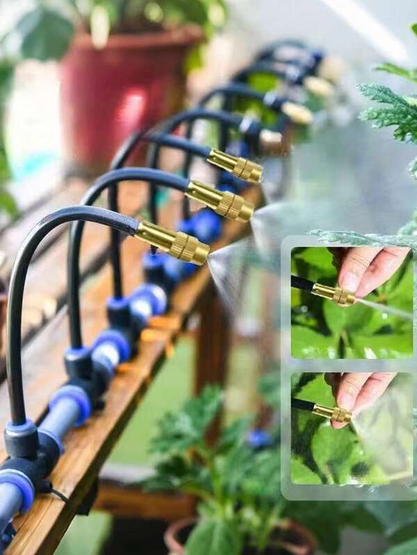 3pcs Brass Mist Nozzle Splitter With 7.8" Built-In Flexible Hose, 360 Degree Adjustable Mist Spray Nozzle, Suitable For Greenhouse, Yard, Lawn, Plants, Garden Accessories