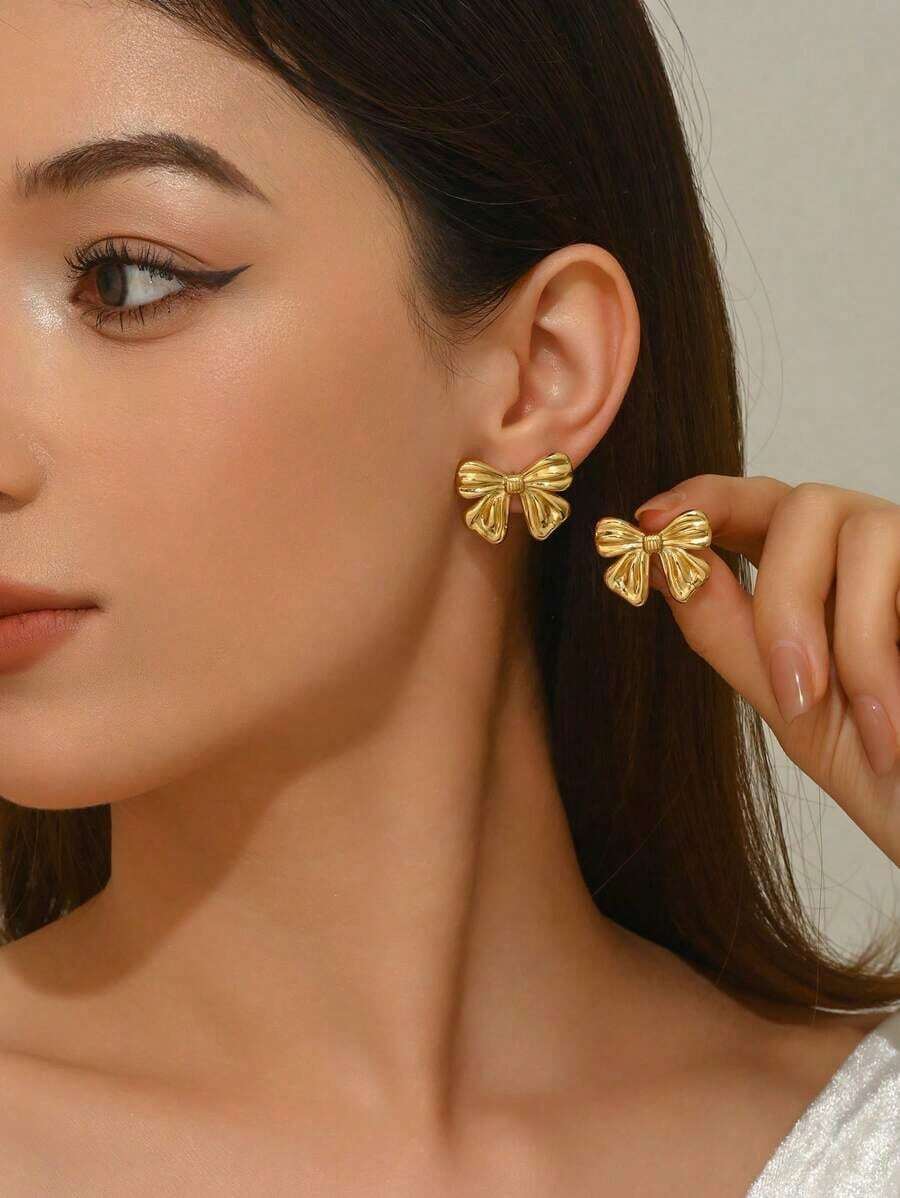1 Pair Minimalist Sweet Fairy Style Bowknot Earrings – Delicate Stainless Steel Studs For Women, Perfect For Daily Wear, Music Festivals, Holidays, And Gift Giving - Vàng vàng - Xem 1