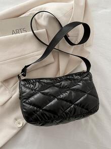1 pieza Bolso bandolera acolchado de poliéster brillante con cremallera, de moda para uso diario de mujeres - Negro - Ver 7
