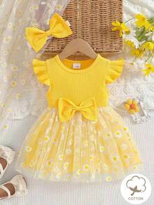 Vestido de niña bebé con estampado floral, cuello redondo, mangas con volantes y diadema a juego. Lindo y con estilo - Amarillo - Ver 1
