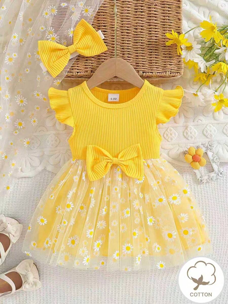Vestido de niña bebé con estampado floral, cuello redondo, mangas con volantes y diadema a juego. Lindo y con estilo - Amarillo - Ver 1
