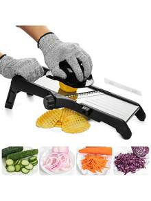 Trancheuse à légumes réglable en acier inoxydable, trancheuse à légumes manuelle avec lames multifonctions, gants résistants aux coupures, ustensiles de cuisine sûrs, accessoires de cuisine manuels, convient pour trancher les fruits, oignons, pommes de terre, légumes, etc., convient pour les cuisines, les restaurants commerciaux et les accessoires de cuisine