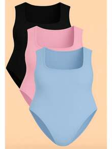Kit 3 Bory Plus Size Body Bori Tank Top Thick Strap Closed Back Second Skin Fresh Fashion Spring Summer Timeless Clothes Large - 黑色藍色BB/淡粉紅色 - 查看 2