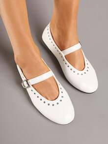 Ballet Flats With A Buckle Strap And Rivet Detailing - White - View 4