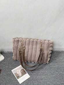 1pc Large Capacity Plush Zipper Tote Bag, Fashion Metal Chain Furry Autumn/Winter New Style Oversized Bag, Suitable For Women's Daily Use
