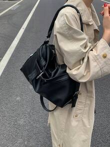 1件简约复古设计荔枝纹女式软肩托特包，女士手提包，秋冬新款女士单肩包，秋季最佳手提包，女士休闲手提包