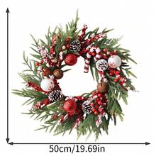 1件，圣诞花环装饰 - 绿色松树搭配红色浆果，白色和红色装饰球，松果，铃铛和拐杖糖。适用于门、墙、壁炉架装饰，以及家居装饰。