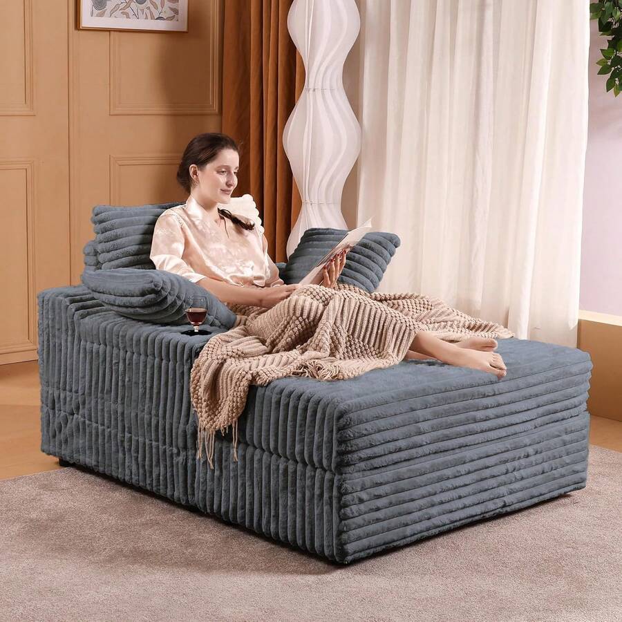 Dragonpad Oversized Chaise Lounge Chair With Storage Ottoman And 3 Soft Pillows, Corduroy Sofa Bed Cloud Couch Sofa For Living Room, Bedroom ﻿ - Grey - View 1