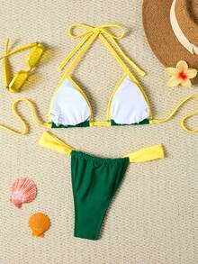 Women's Sexy Backless Spaghetti Strap High Elasticity Bikini Set, Triangle Top With Thong Bottoms, Green And Yellow - Green - View 5