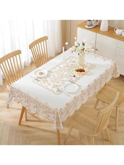 European-Style Gold-Embossed Coffee Table Tablecloth, Water-Resistant, Oil-Resistant, Heat-Resistant, Easy To Clean, Rectangular Table For Home Use In Living Room.