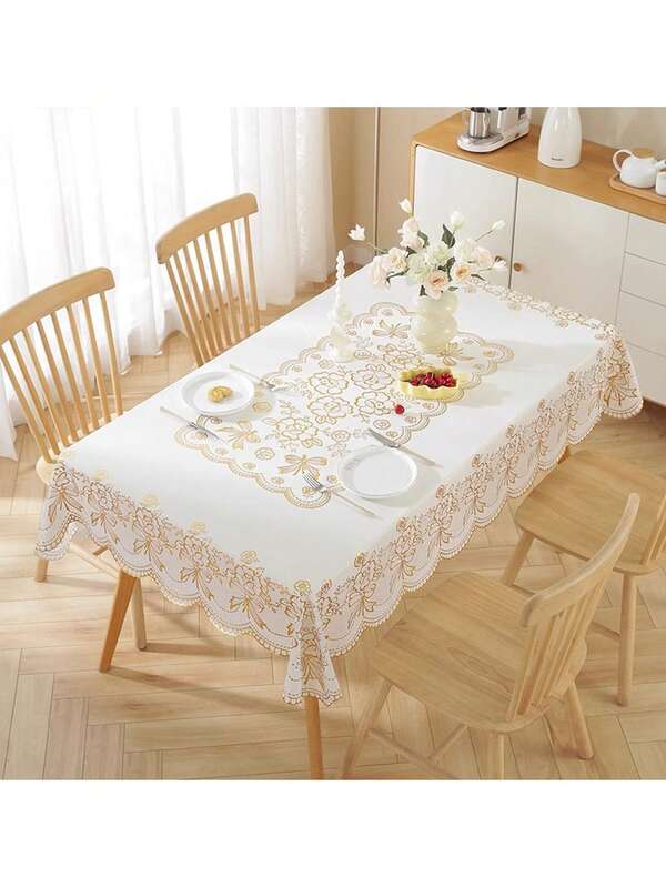 European-Style Gold-Embossed Coffee Table Tablecloth, Water-Resistant, Oil-Resistant, Heat-Resistant, Easy To Clean, Rectangular Table For Home Use In Living Room.