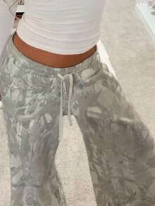 Y2k Camouflage Print Elastic Drawstring Waist Long Pants Streetwear All Match Low Waist Trousers For Women Casual Straight Wide Leg Pants - Multicolor - View 6