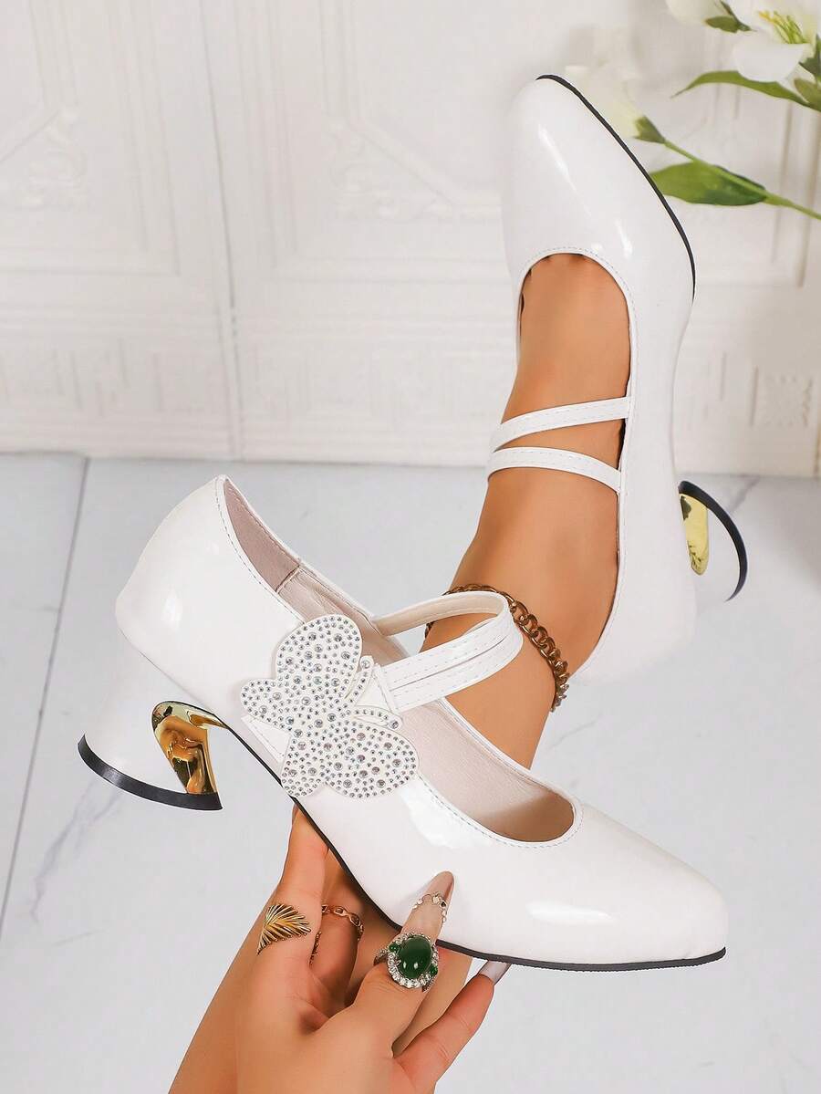 Women's High Heels, Pointed Toe, Thick Heel, Single Strap, Crystal Bow, Solid Color Design, Simple And Gorgeous, Casual And Comfortable, Suitable For Attending Dances, Banquets, Daily Commuting Wear, Local Warehouse. - White - View 1