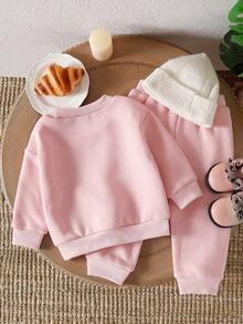 2 Stücke Baby Mädchen Erdbeere Stickerei Thermisch gefütterte Sweatshirt und Hose Set, süße Vintage Streetwear für Outdoor-Aktivitäten