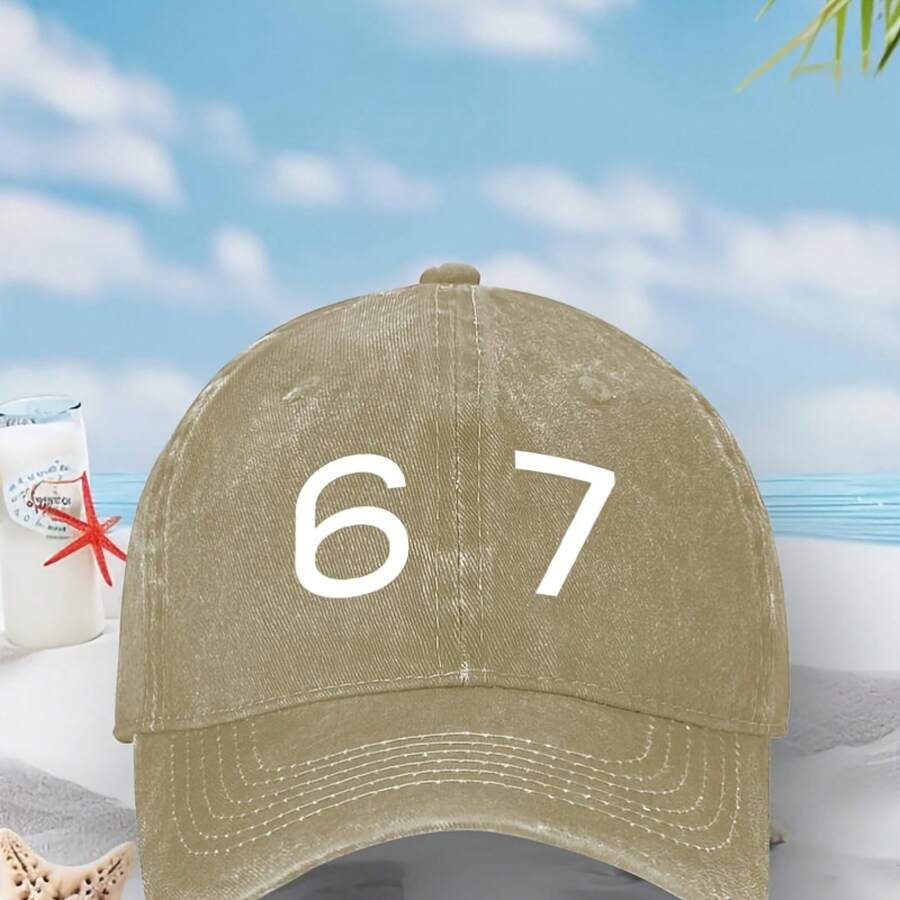 Fun Six Seven 6 & 7 Meme Number 67 Iconic Logo Snapback Cap - Unisex Black/White Large Number 67 Print, Casual & Hat For &, Machine Washable Non-Stretch Fit (94873) - 沙/ - 查看 1