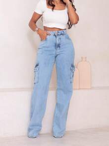 Wide Cargo Jeans, Medium Wash, Stylish, Basic, High Waist - azul claro - 查看 1