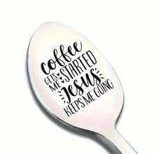 Cuchara grabada de acero inoxidable - Impulsado por Jesús y el café - Regalos únicos para amantes del café para Navidad - Plateado - Ver 12