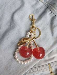 1pc Chic Cherry Keychain With Sparkling Resin Pendant - Alloy, Customizable C-Hook Closure For Women's Wallets & Bags ,Ideal Gift For Family, Friends, And Couples Valentine's Day Gift Valentines