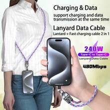 WOWSSYO Type-C 挂绳数据线，支持 PD240W 快充 + 数据传输，尼龙编织绳双 USB-C 手机挂绳数据线，多种颜色可供选择。