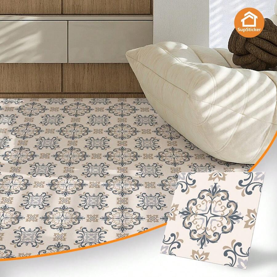 SUPSTICKER 12/36 件波西米亚风格图案地板贴纸，PVC 自粘地砖，即撕即贴，家居装饰防水防污易清洁，适用于卧室、门厅、阳台、楼梯间地板翻新，7.87x7.87 英寸/11.81x11.81 英寸 - 彩色 - 查看 1