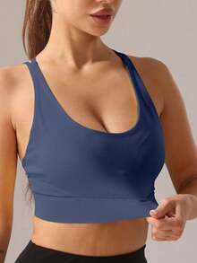 1pc Women's Elastic Yoga Sports Bra For Fitness & Outdoor Spring - Navy Blue - View 6