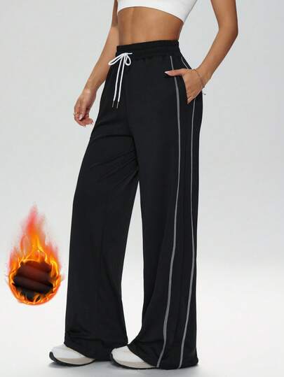 1pc Women's Outdoor Sports Pants, Multi-Pocket Black & White Contrast Casual Straight Leg Pants, Fashion Versatile Casual Pants, Made Of Elastic Fabric, Suitable For Outdoor Sports, Running, Casual Street Wear,Winter