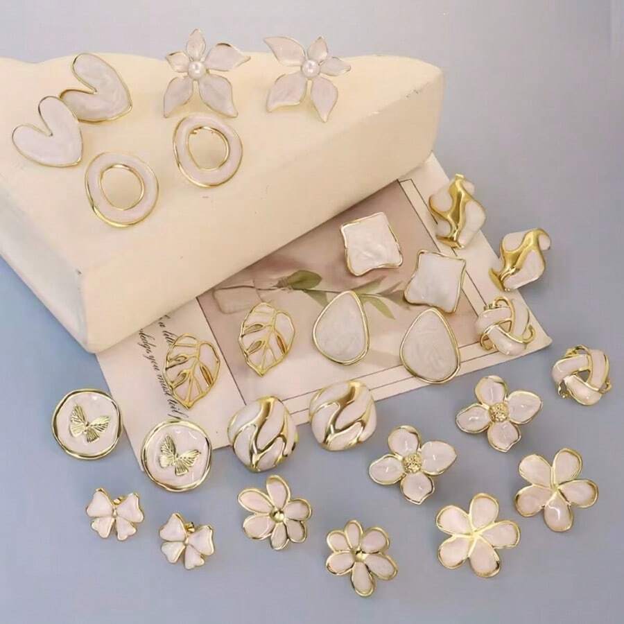 24 piezas de pendientes con forma de mariposa/flor/hoja de acero inoxidable blanco, estilos surtidos, adecuados como regalos festivos (surtido aleatorio) - Multicolor - Ver 1