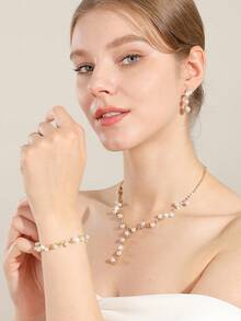 水钻珠宝闪亮项链耳环手链套装，奢华闪亮水钻仿珍珠手拿包，适合派对、浪漫婚礼、春夏链条单肩包、新娘包、正式舞会手拿包、优雅晚礼服包，非常适合派对婚礼舞会晚宴/宴会