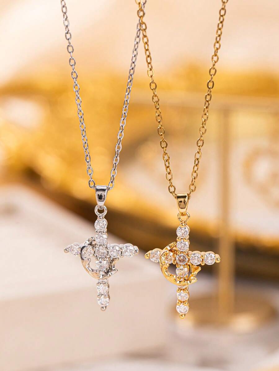1pc Elegant Sparkling Crown & Cross Stainless Steel Pendant Necklace,Versatile Luxury Style For Girls,Suitable For Party, Festival, Daily Wear, Perfect Gift For Friends