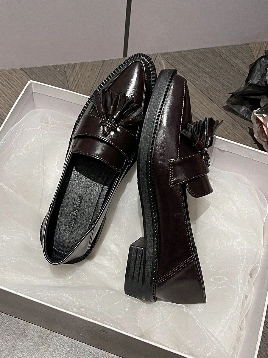 Women's Brown Thick Sole Loafers, Pointed Toe Tassel British Style Preppy JK Slip-On Shoes, Sizes 34-42, Suitable For Spring, Summer, Autumn, Winter - Brown - View 1