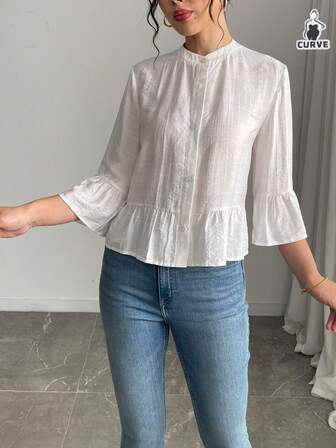 Camisa Elegante Plus Size, Cor Sólida, Primavera e Outono, Roupa Feminina, Adequada para Saídas, Deslocamentos, Chás da Tarde, Camisas para Brunch