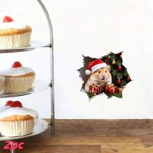 قطعتان من ملصقات الحائط لزينة عيد الميلاد، ملصقات حائط 3D لخنزير كيوت يرتدي قبعة سانتا كلوز، ملصقات عيد الميلاد قابلة للإزالة من البولي فينيل كلورايد ذاتية اللصق لغرفة المعيشة والنوم والمتجر وزينة صندوق هدايا عيد الميلاد