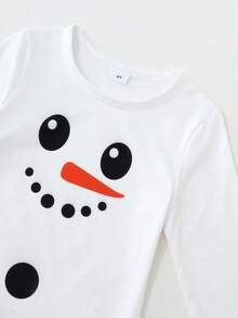 Conjunto de vestido de manga larga con cuello redondo y estampado de muñeco de nieve + decoración con cinturón para niñas, otoño/invierno - Blanco - Ver 8