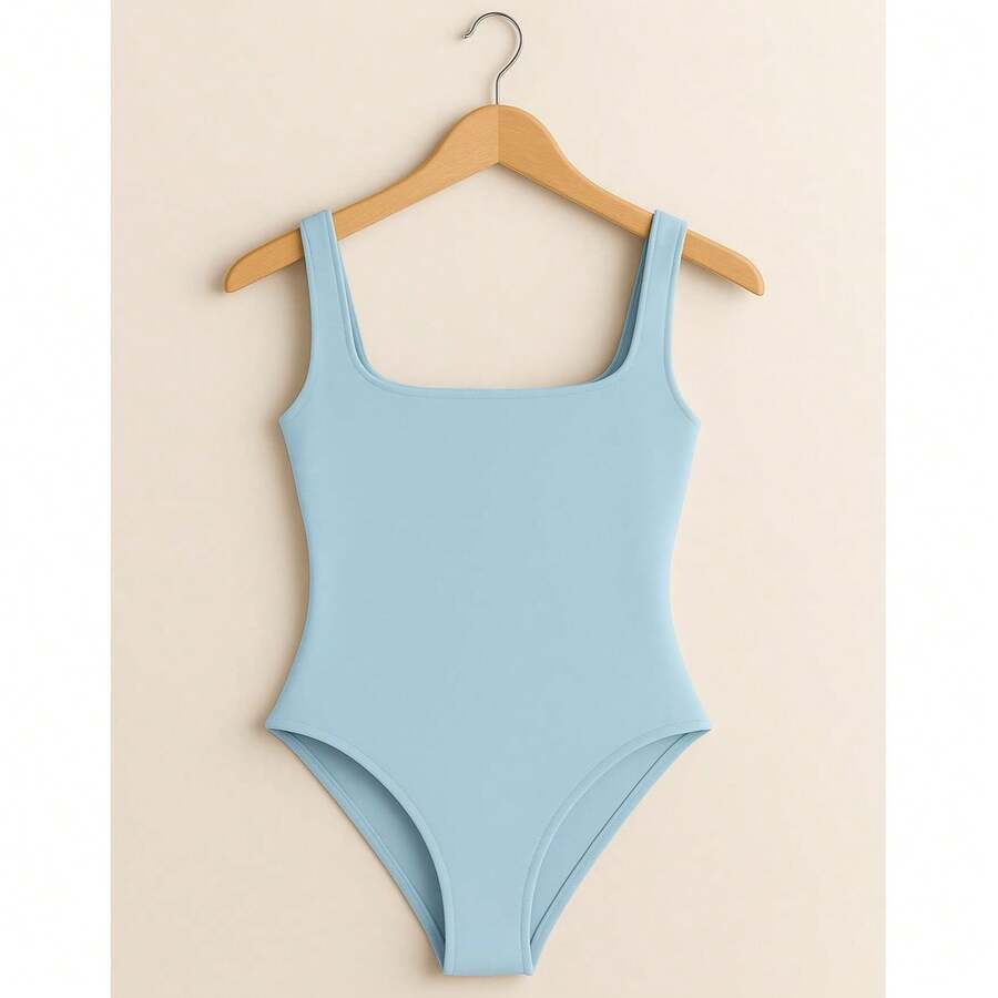 Women's Bori Bodysuit Square Neck Tank Top Thick Strap Basic Casual Blogger Suplex Various Colors Spring Summer - 淺藍色 - 查看 1